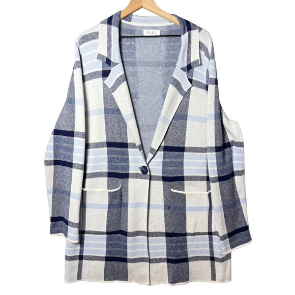 Elle Women’s Plaid Coatigan Cardigan Jacket Blue and White Pockets Button Cotton - Picture 1 of 9
